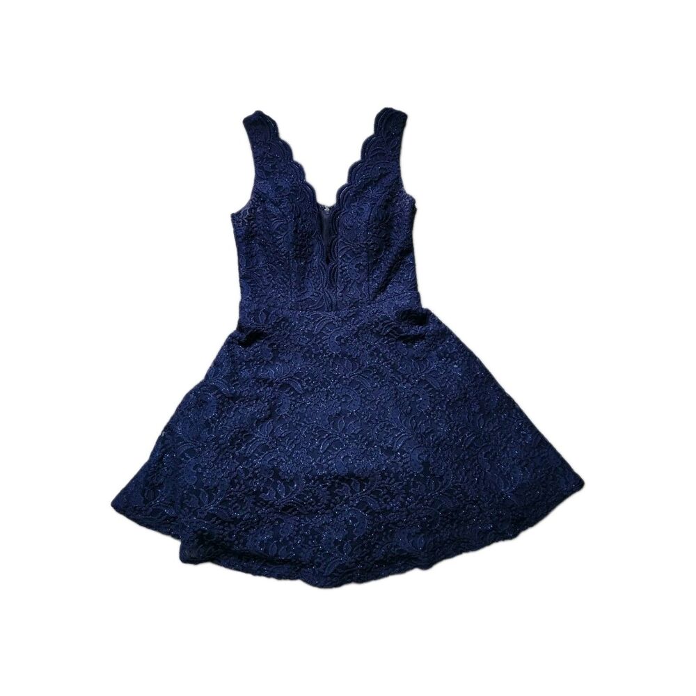 City Studio Fit Flare Mini Dress Sleeveless Lined Blue Glitter Lace Jr Sz 3 EUC